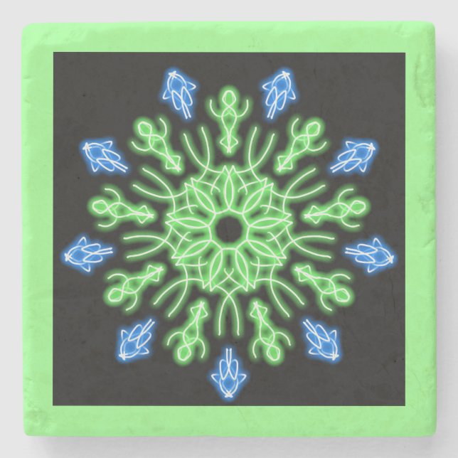 Green and blue neon flower stone coaster (Front)