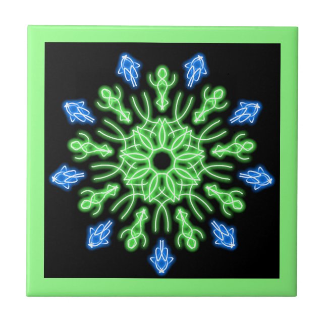 Green and blue neon flower tile (Front)