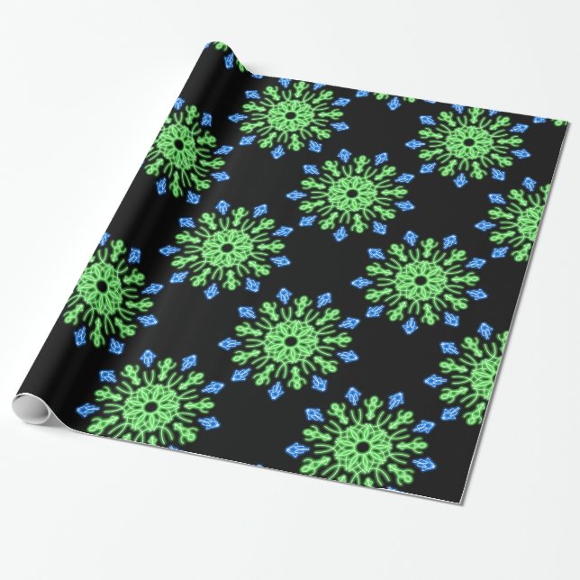 Green and blue neon flower wrapping paper (Unrolled)