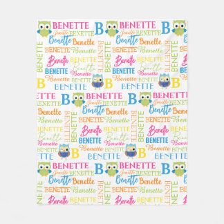 Green and Blue Owls with Name and Monogram Collage Fleece Blanket