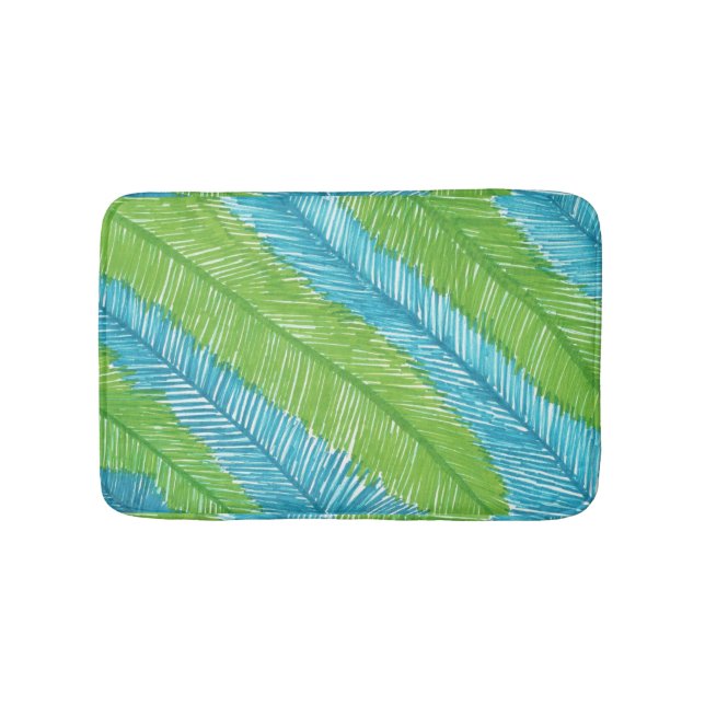 Green and Blue Palm Leaves Pattern Bath Mat (Front)