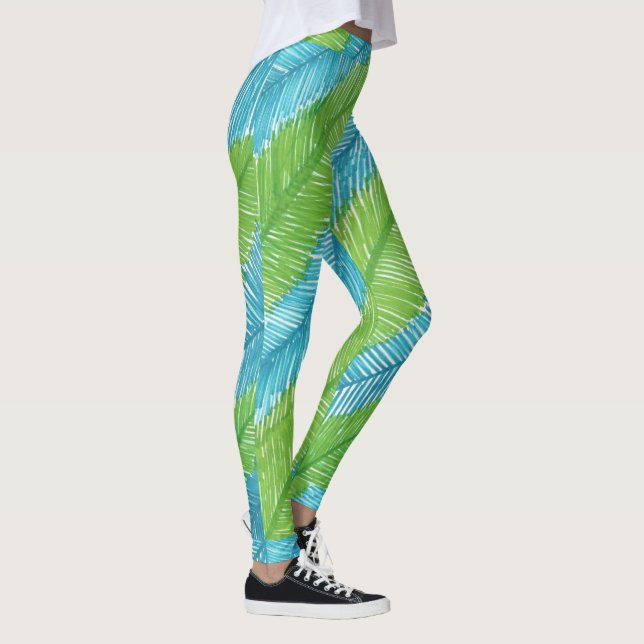 Green and Blue Palm Leaves Pattern Leggings (Right)