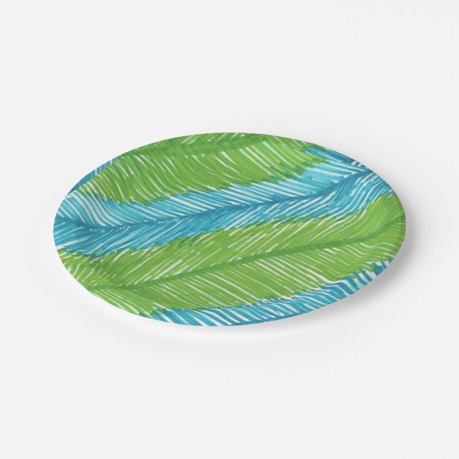 Green and Blue Palm Leaves Pattern Paper Plate (Angled)
