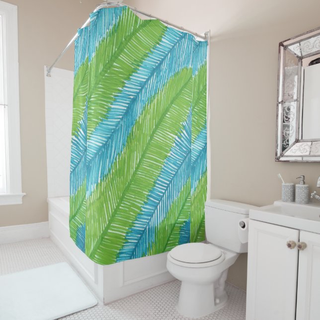 Green and Blue Palm Leaves Pattern Shower Curtain (In Situ)