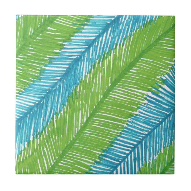 Green and Blue Palm Leaves Pattern Tile (Front)
