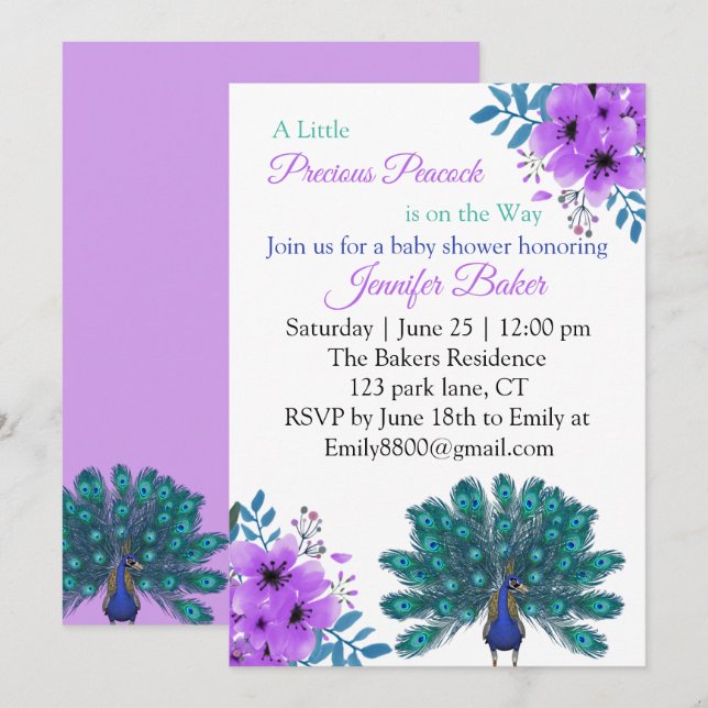 Green and Blue Peacock | Purple Watercolor Flowers Invitation (Front/Back)