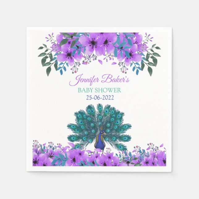 Green and Blue Peacock | Purple Watercolor Flowers Napkin (Front)