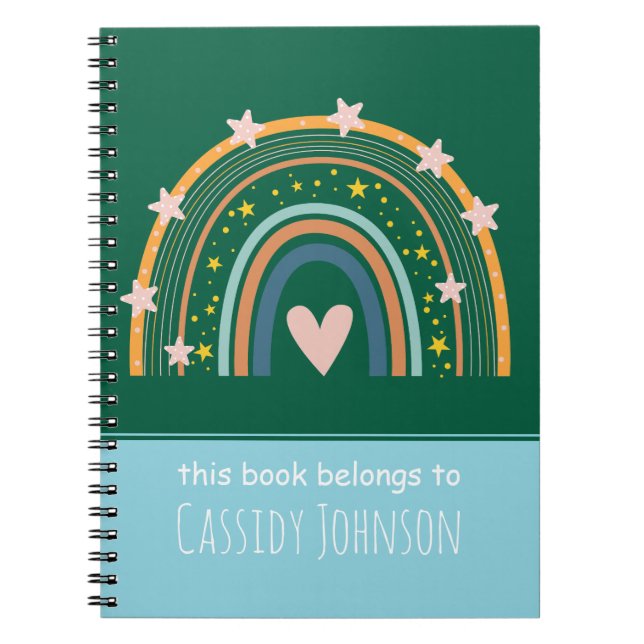 Green and blue rainbow kids name notebook (Front)