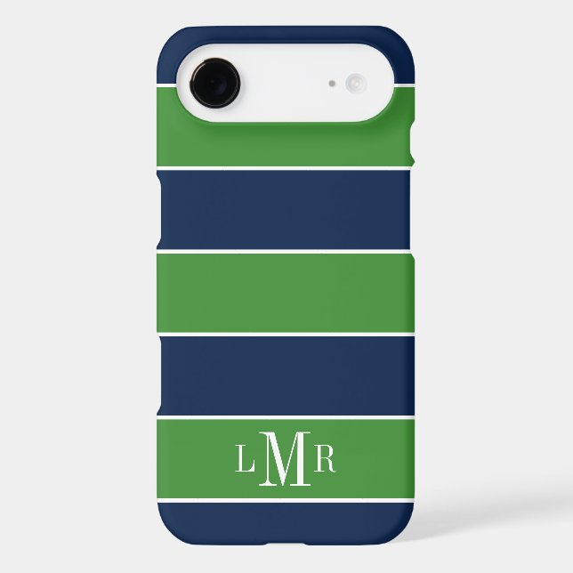 Green and Blue Rugby Stripes 3 Letter Monogram Case-Mate iPhone Case (Back)
