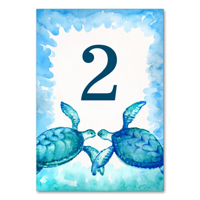 Green and Blue Sea Turtle Wedding Table Numbers (Back)