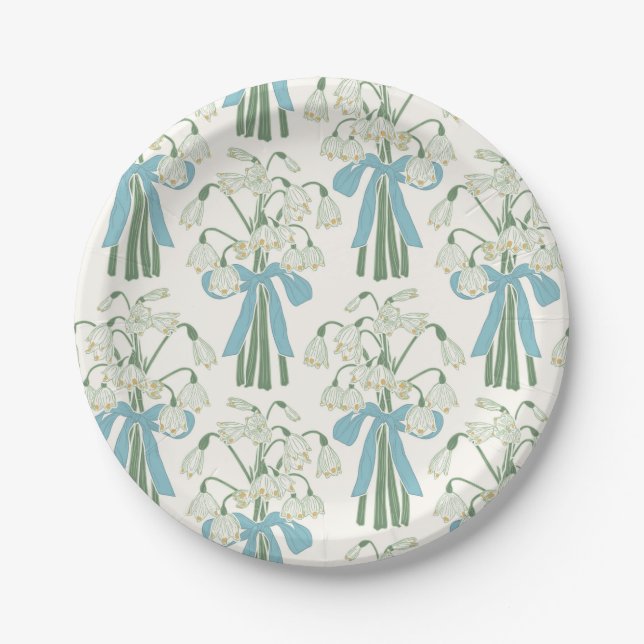 Green and Blue Snowdrop Flower and Bow Bouquets Paper Plate (Front)