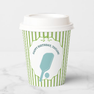 Green and Blue Striped Pickleball Birthday Party Paper Cups