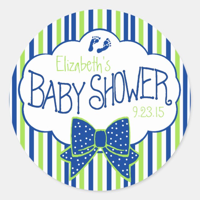 Green and Blue Stripes Baby Shower Classic Round Sticker (Front)