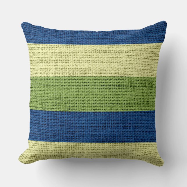 Green and Blue Stripes Burlap Linen Rustic Jute Cushion (Front)