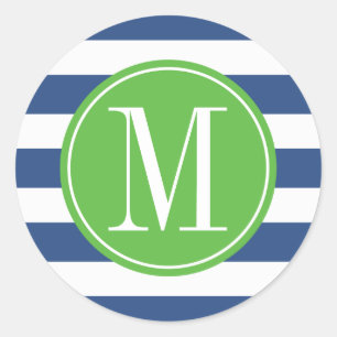 Green and Blue Stripes Custom Monogram Classic Round Sticker