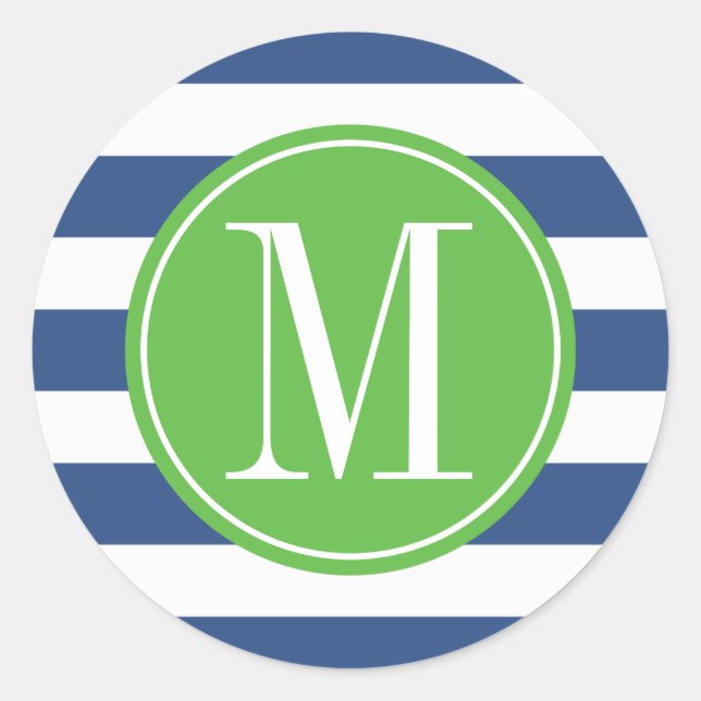 Green and Blue Stripes Custom Monogram Classic Round Sticker (Front)