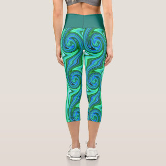 Green and Blue Swirl - Cool Abstract Psychedelic Capri Leggings