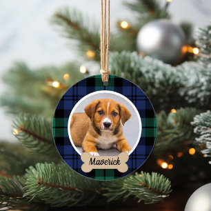 Green and Blue Tartan Plaid Custom Dog Photo Ornament