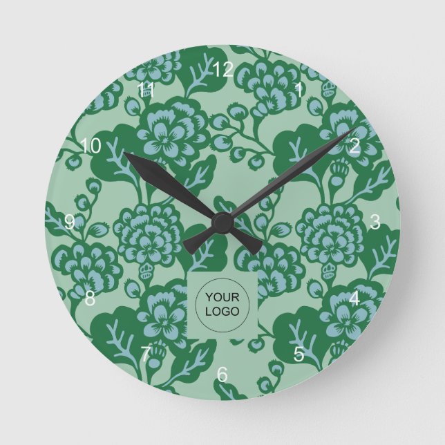 Green and Blue Vibrant and Bold Floral Pattern Round Clock (Front)