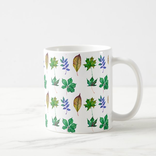 Green and Blue Watercolor Leaves Coffee Mug (Right)