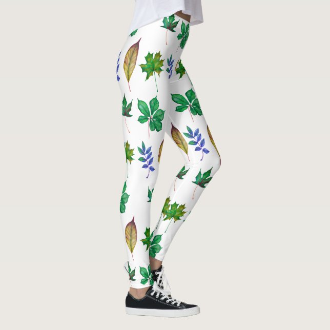 Green and Blue Watercolor Leaves Leggings (Right)