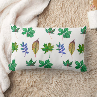 Green and Blue Watercolor Leaves Lumbar Cushion
