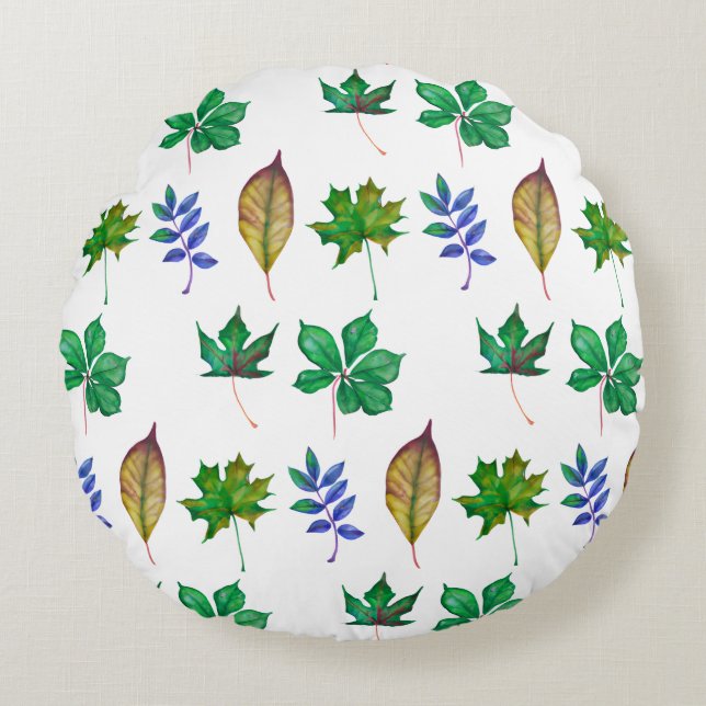 Green and Blue Watercolor Leaves Round Cushion (Front)