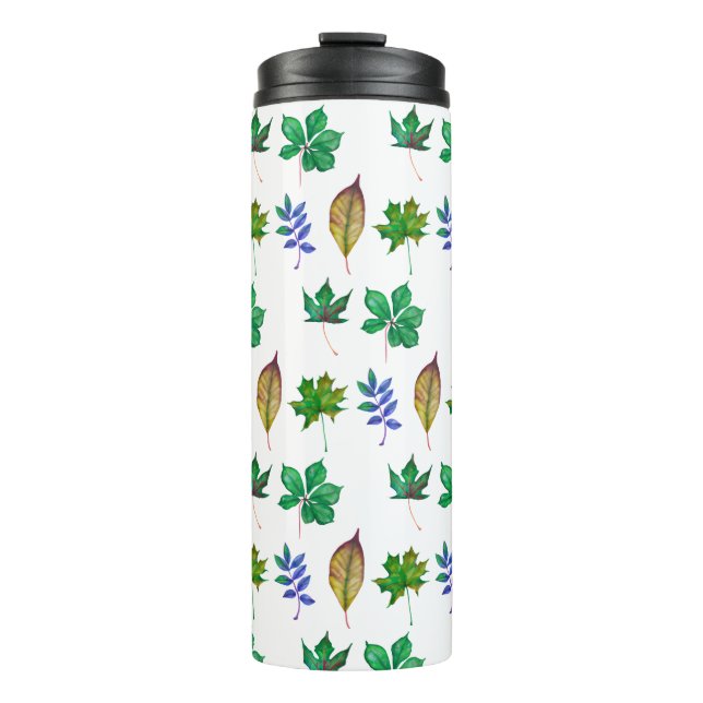 Green and Blue Watercolor Leaves Thermal Tumbler (Front)