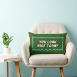 Green and Blue Wavy Frame Two Compliments Lumbar Cushion<br><div class="desc">Simple and fun, this dual sided green and aqua blue pink lumbar pillow features a wavy rectangle and two different but coordinating sides with friendly text reminders of "you look nice today" and "you are kind and smart" to spread positivity in your life and your home. You can change the...</div>