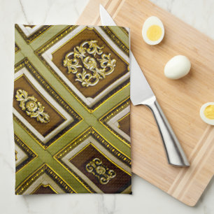 Green and Brown Architecture Print Tea Towel
