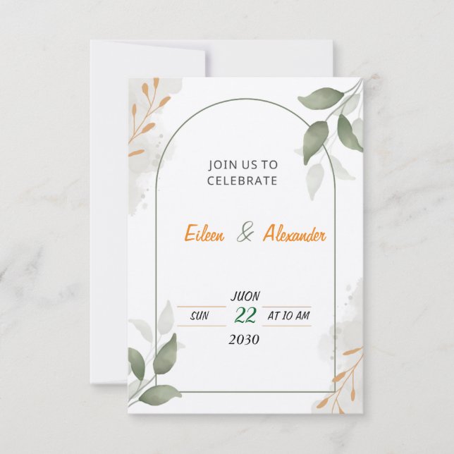 Green and Brown Floral Wedding Invitation (Front)
