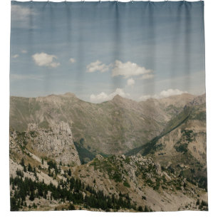 GREEN AND BROWN MOUNTAINS UNDER BLUE SKY DURING DA SHOWER CURTAIN