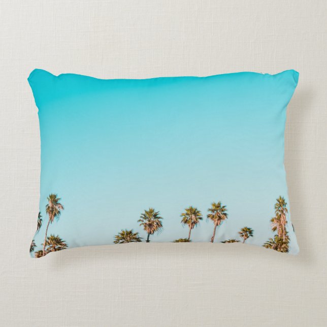 GREEN-AND-BROWN PALM TREES UNDER CLEAR BLUE SKY DECORATIVE CUSHION (Front)
