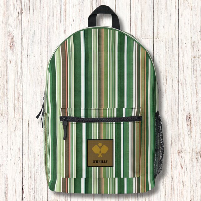 Green and Brown Stripe  Modern Monogram Pickleball Printed Backpack (Creator Uploaded)