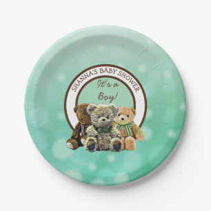 Green and Brown Teddy Bear Boy's Baby Shower Paper Plate