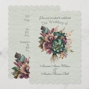 Green and Burgundy Floral Wedding Bouquet Invitation
