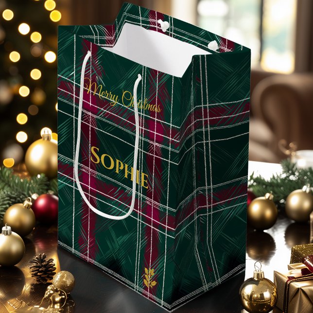 Green and Burgundy Hand-Drawn Plaid Christmas Medium Gift Bag (Creator Uploaded)