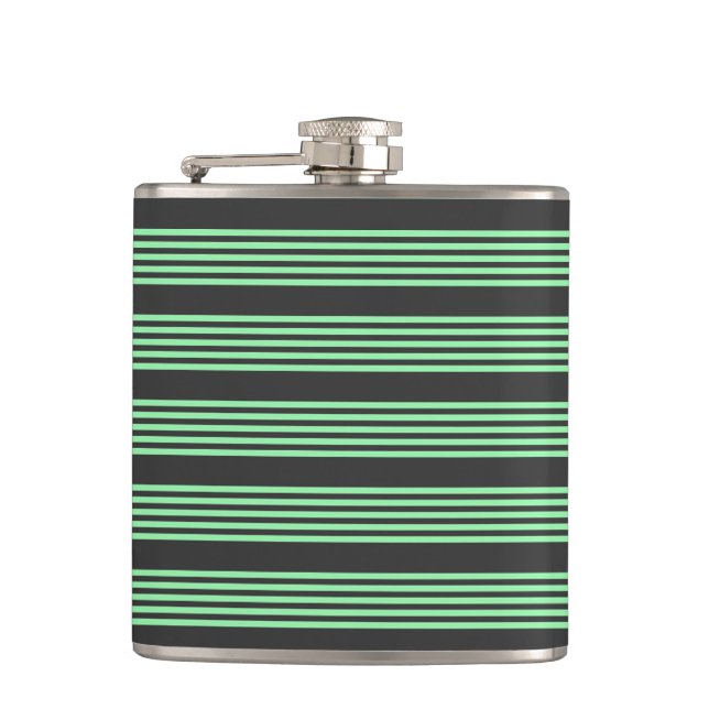 Green and charcoal five stripes pattern hip flask (Front)
