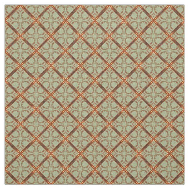 Green and Coper Orange Scroll Grid Pattern Fabric (Swatch)