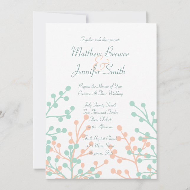 Green and Coral Floral Custom Wedding Invitation (Front)