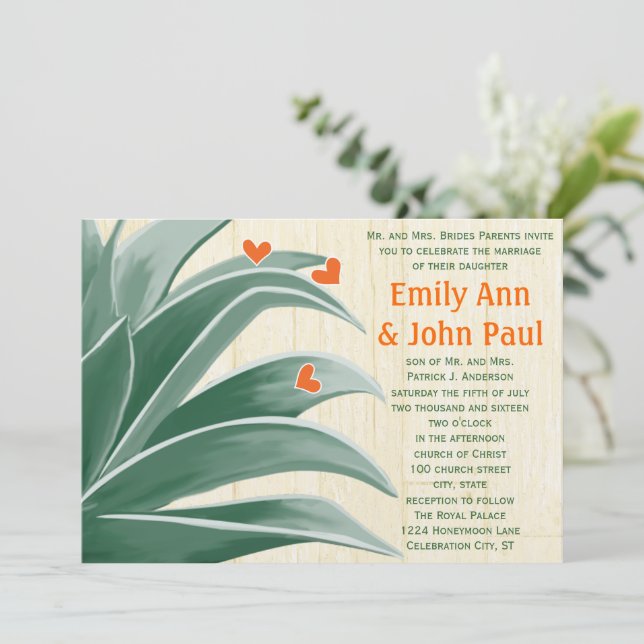 Green and Coral Rustic Modern Succulent Wedding  Invitation (Standing Front)
