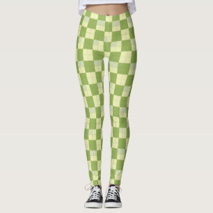 Green and Cream Checkered Tile Pattern Leggings