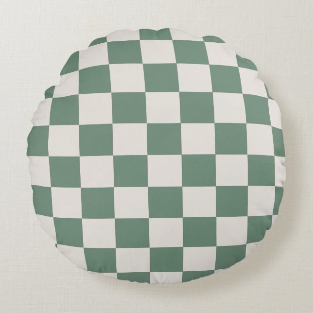 Green And Cream Chequered Classic Chequered Patter Round Cushion (Front)