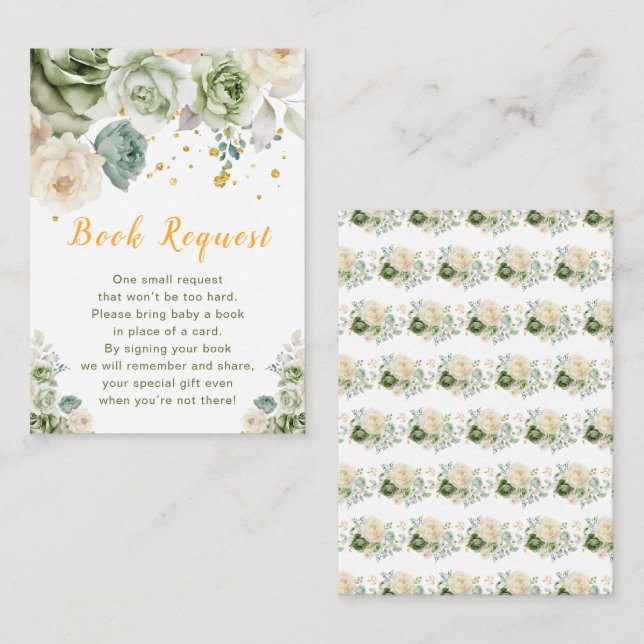 Green and Cream Floral Baby Shower Book Request Enclosure Card (Front/Back)