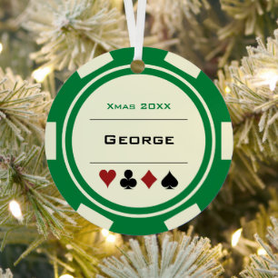 Green and Cream Las Vegas Poker Chip Christmas Metal Tree Decoration