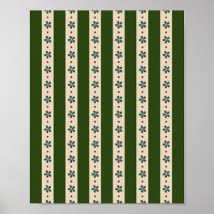 Green And Cream Stripes And Flowers Poster