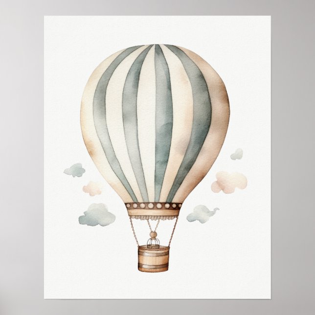 Green and Cream Vintage Hot Air Balloon Poster (Front)