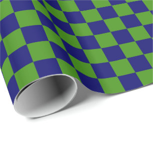 Green and Dark Navy Blue Chequerboard Squares Wrapping Paper