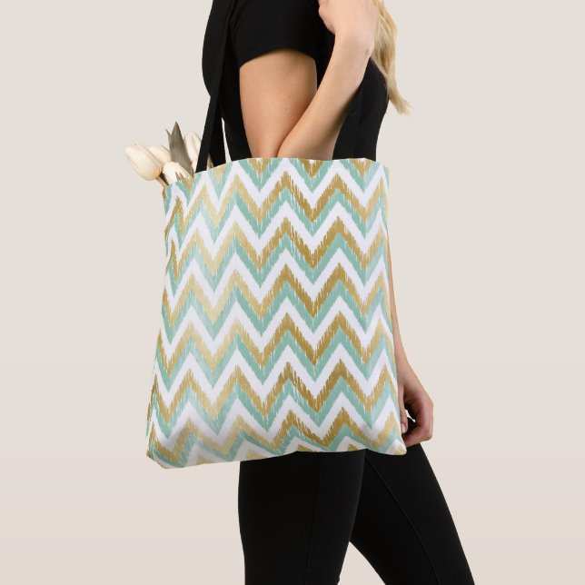 Green and Faux Gold Foil Chevron Ikat Pattern Tote Bag (Close Up)