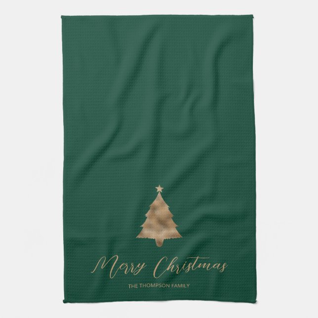 Green And Faux Gold Foil Look Christmas Tree Tea Towel (Vertical)